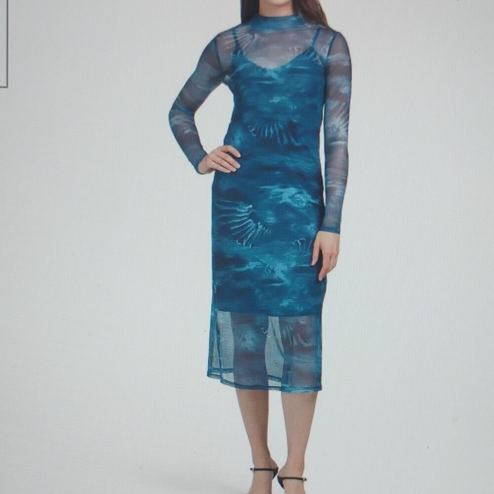 FRYE Mesh Bird Print Midi Dress Blue Long Sleeve Mock Neck Size S